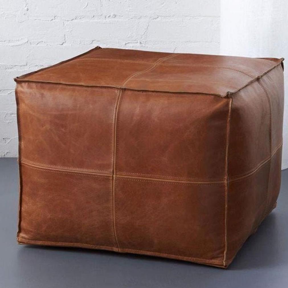 %100 Gerçek Deri Kahverengi Kare Puf