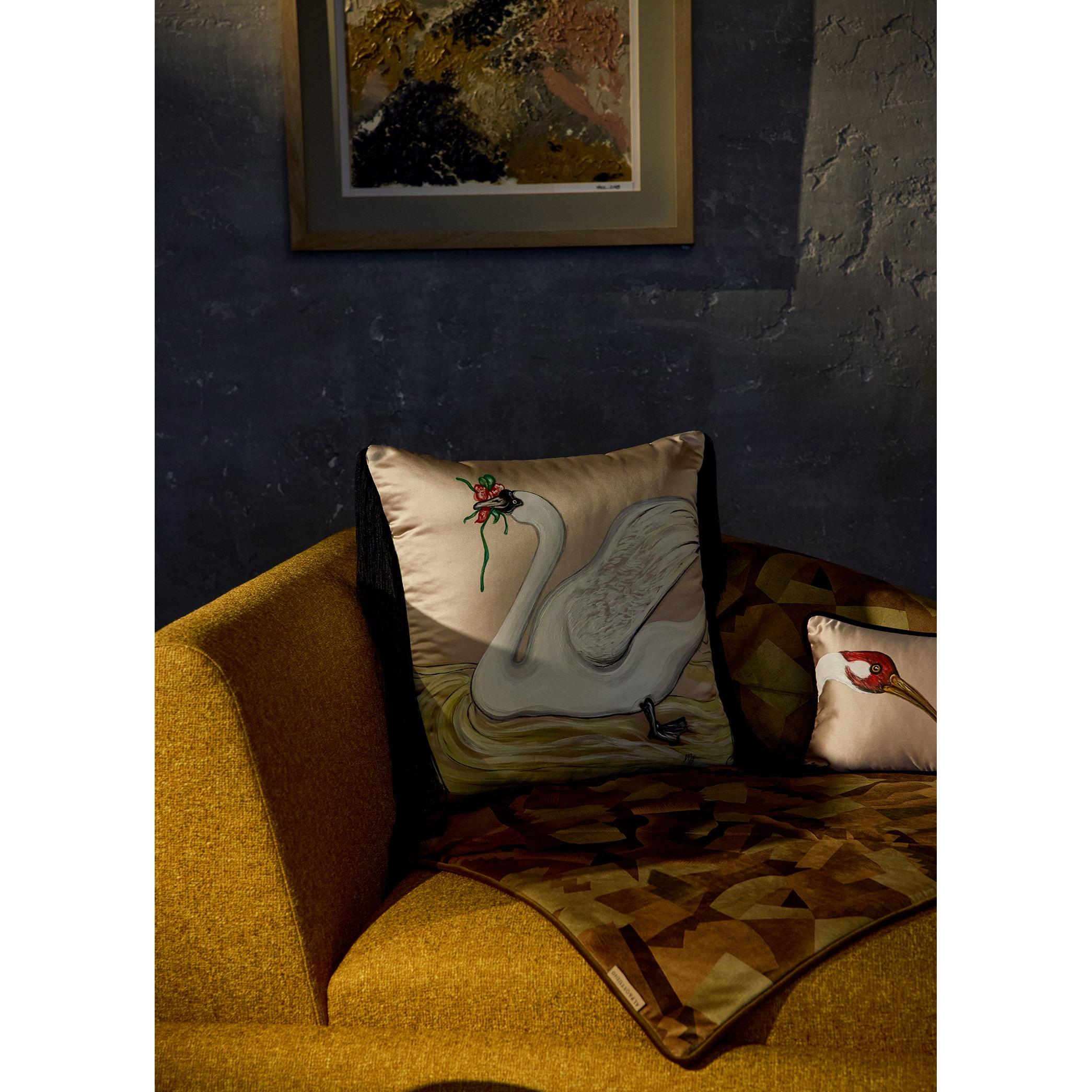 Beyaz Kuğu Bej El Boyaması İpek Püskül Detaylı Kırlent 50 x 50 cm-Yastık & Kırlent-ALPAQ STUDIO-NowShopFun