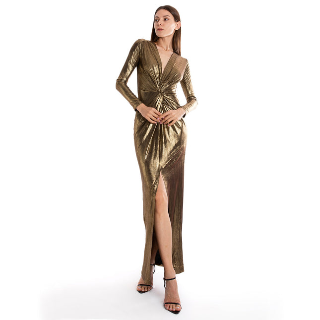 Veronica V Dekolteli Kruvaze Yırtmaç Detaylı Parlak Uzun Gold Abiye Elbise