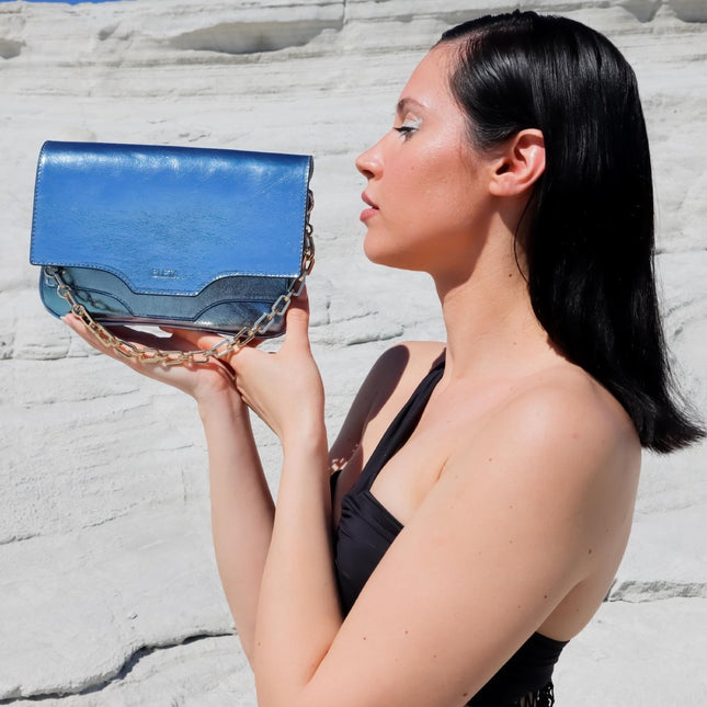 BLETA BAGS - FERA Crystal Blue Hakiki Deri Zincirli Çok Yönlü Çanta - Omuz Çantası