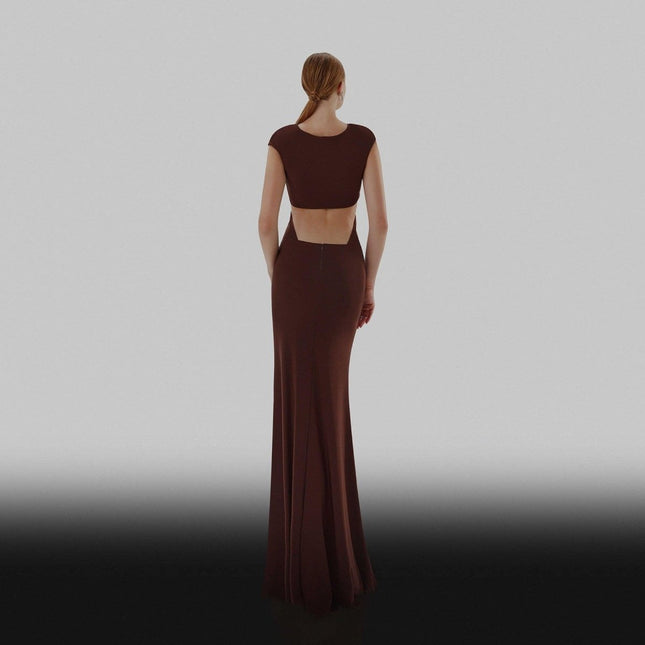 ESOTTE - Hera Kahverengi Crosswrap Düşük Bel Tasarım Abiye Elbise - Elbise