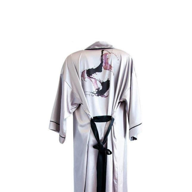 Mita Concept - Gri Siyah Biyeli Erkek Saten Kimono - Erkek Kimono