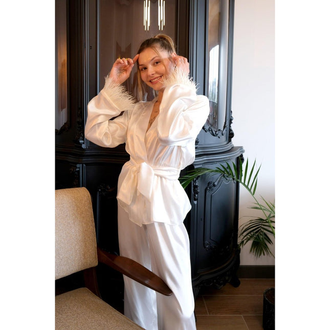 Mita Concept - İpeksi Ekru Deve Tüylü Kimono Takım - Pijama Takımı