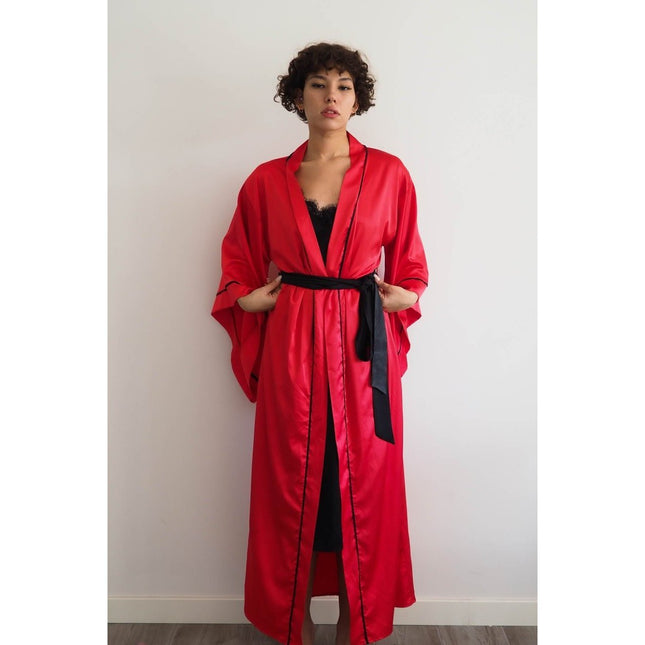 Mita Concept - İpeksi Kırmızı Siyah Biyeli Yarasa Kol Kimono Sabahlık - Sabahlık