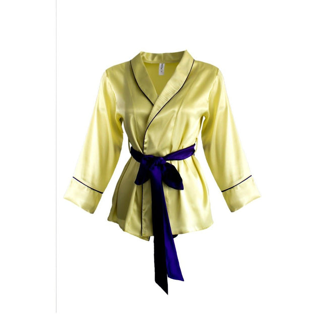 Mita Concept - İpeksi Yağ Yeşili Mor Biyeli Şal Yaka Kimono ve Pantolonlu Takım - Pijama Takımı