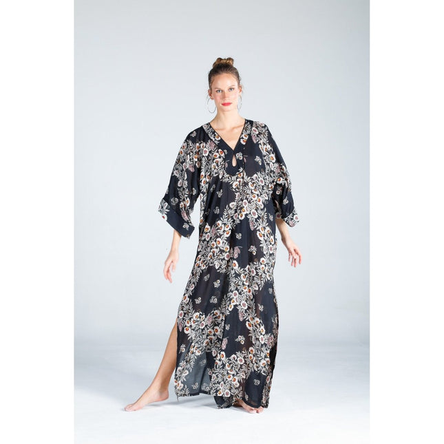 The Beach - Joy Flower Indigo Kaftan Elbise - Siyah - Kimono