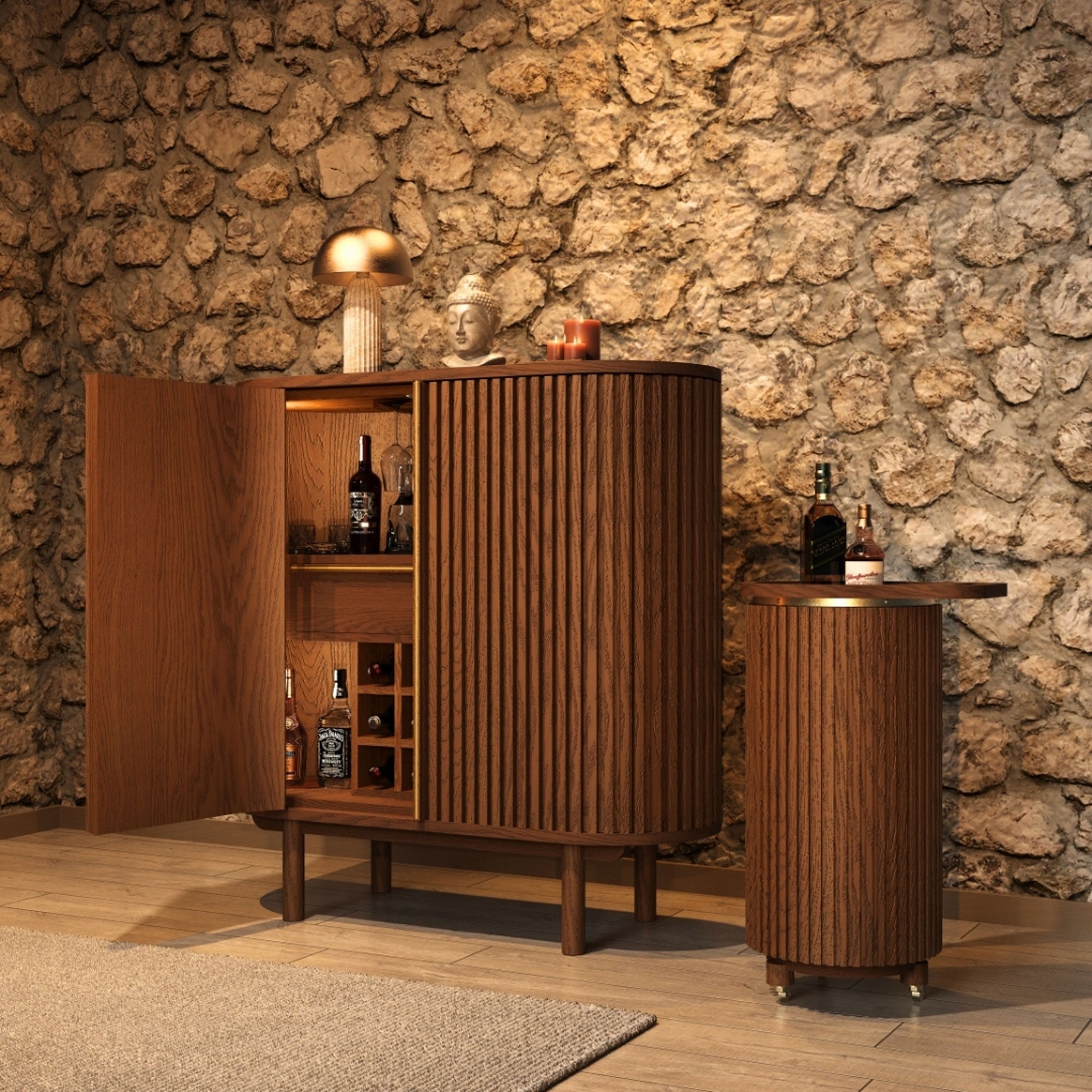 DOCIA Bar / Beverage / Cocktail Cabinet, Oak, Slatted
