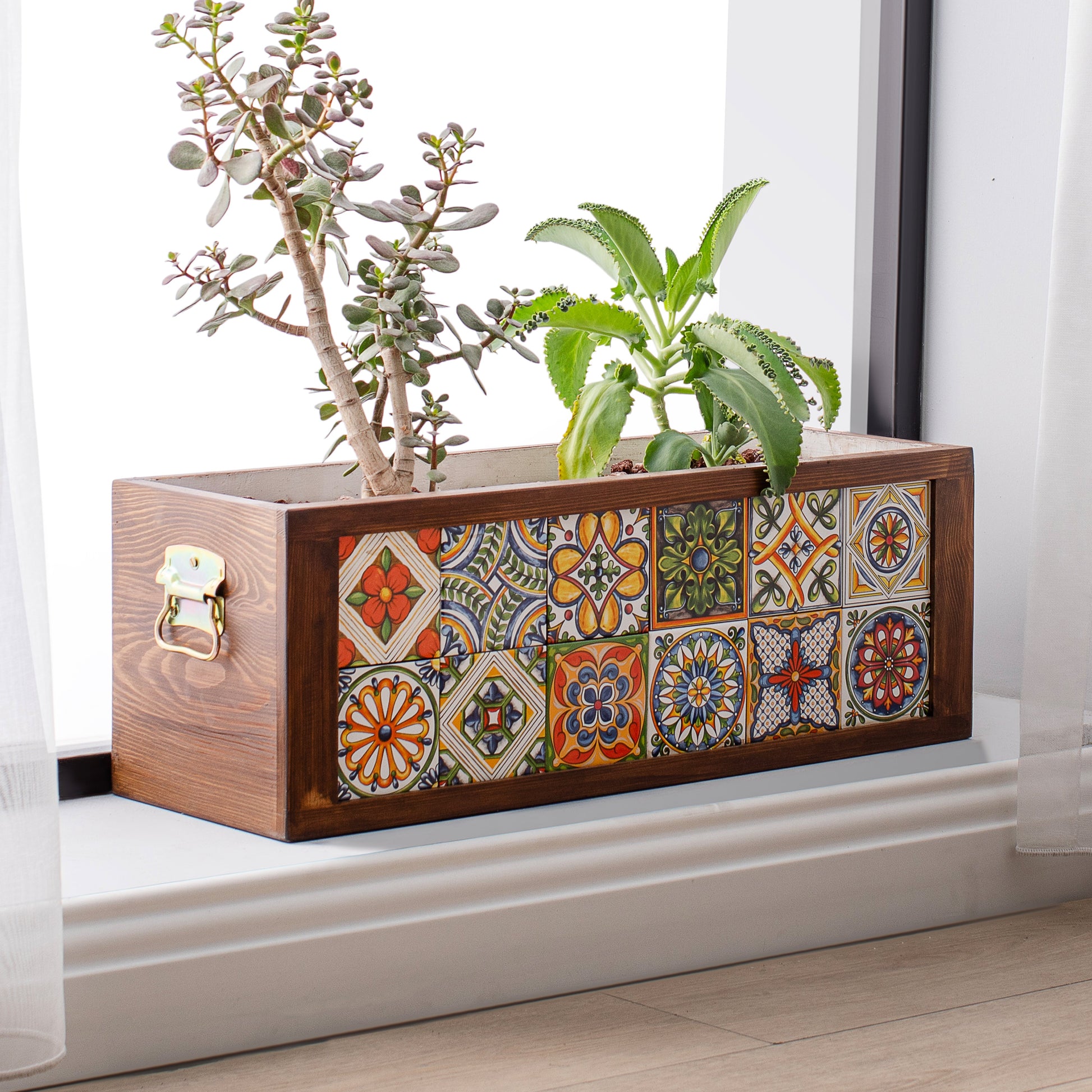 12 Meksika Çinili Büyük Boy Ahşap Saksı, Ahşap Çiçeklik