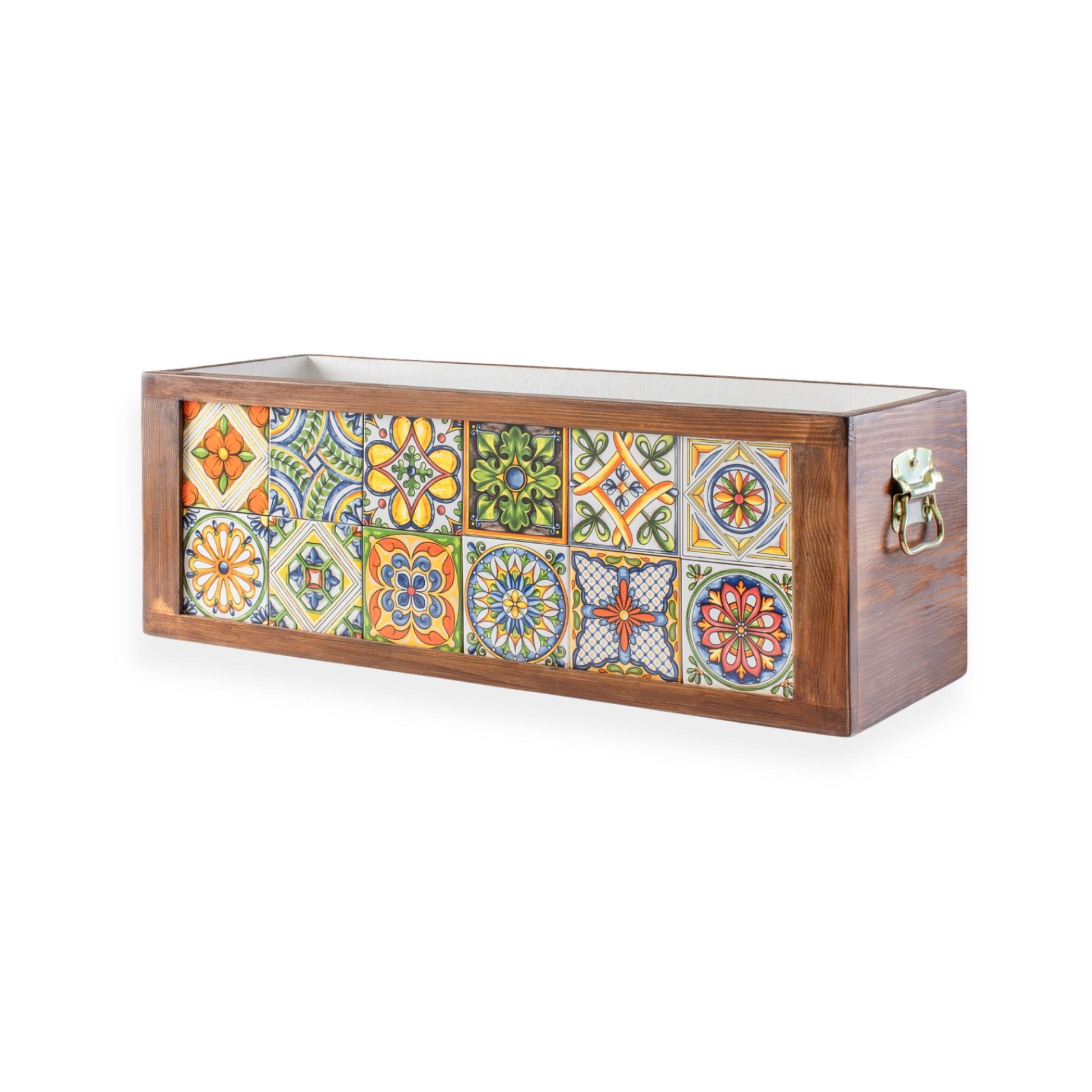 12 Meksika Çinili Büyük Boy Ahşap Saksı, Ahşap Çiçeklik