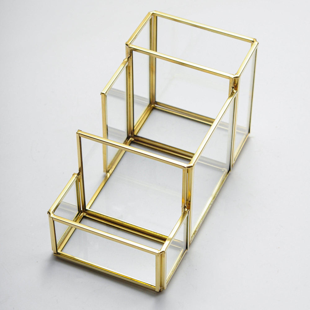 20X11X10Cm Pirinç Gold Geometrik Cam Ofis Kalemlik Organizer-Masaüstü Organizer-El Crea Designs-NowShopFun