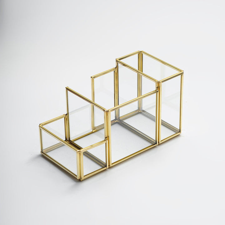 20X11X10Cm Pirinç Gold Geometrik Cam Ofis Kalemlik Organizer-Masaüstü Organizer-El Crea Designs-NowShopFun