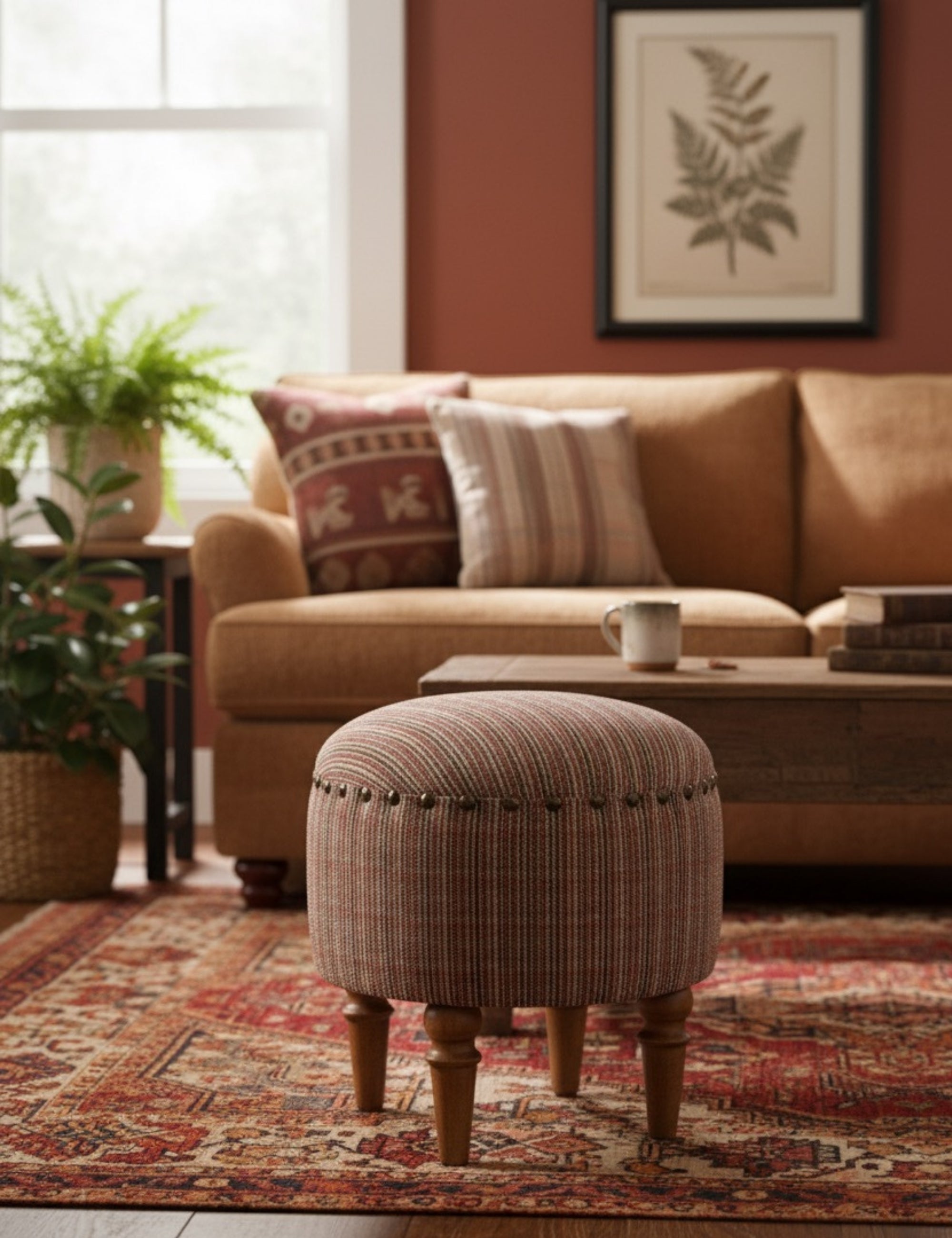 Saga Nostalgic Plaid Wooden Leg Pouf