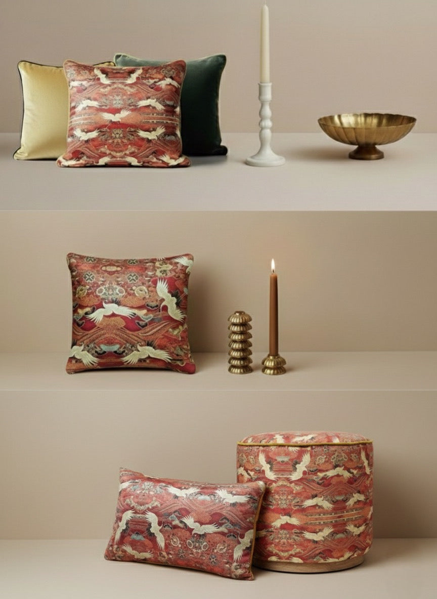 Turna Kuşu Ahşap Ayaklı Parlak Kadife Puf/Yan Sehpa