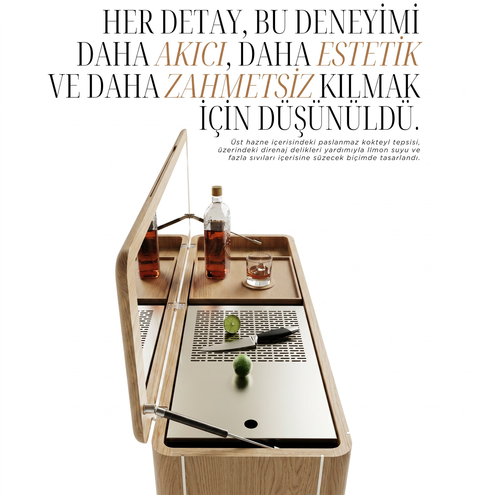 Masif Meşe Yatay İçki Dolabı - CASABLANCA Mix Vitrin Serisi