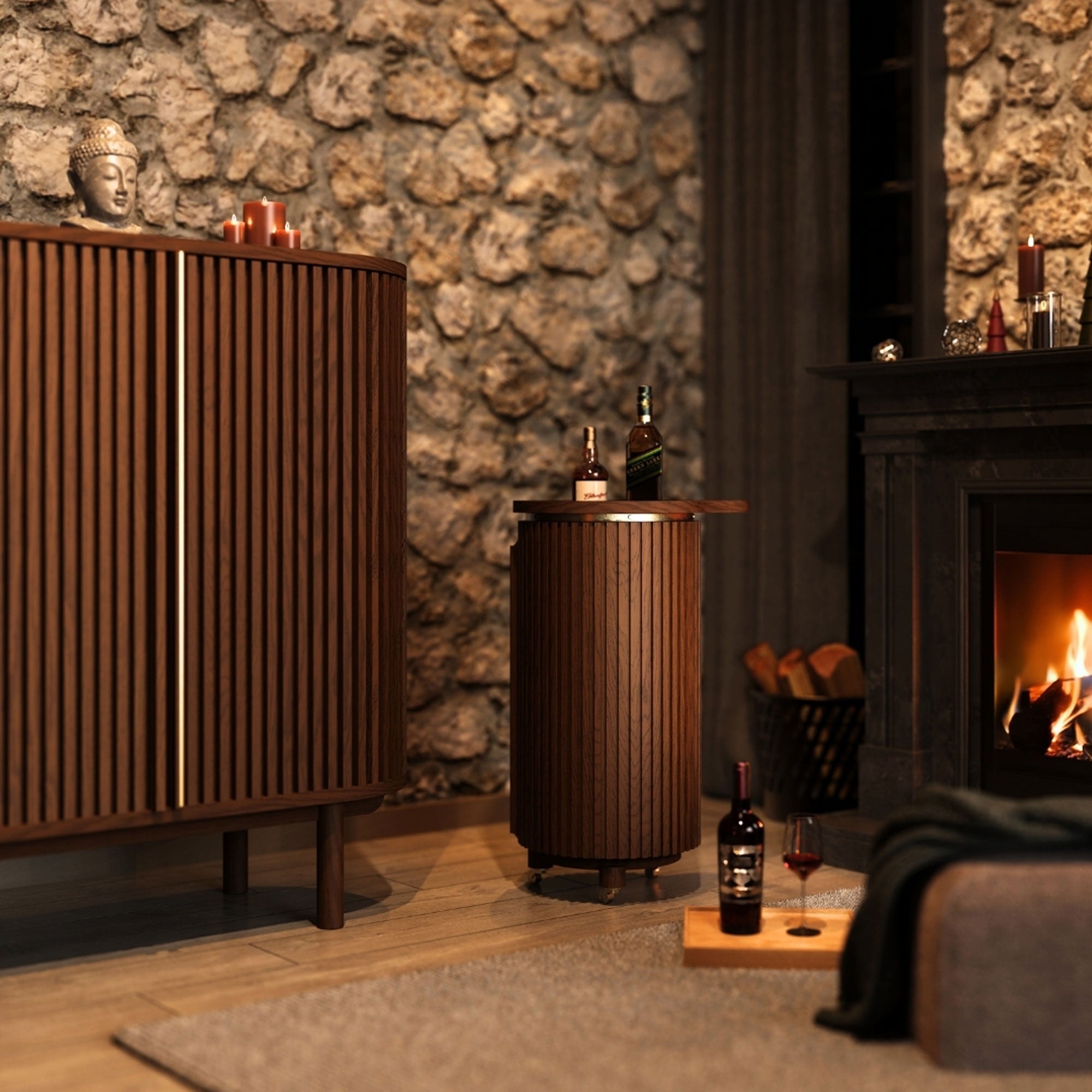 DOCIA Bar / Beverage / Cocktail Cabinet, Oak, Slatted