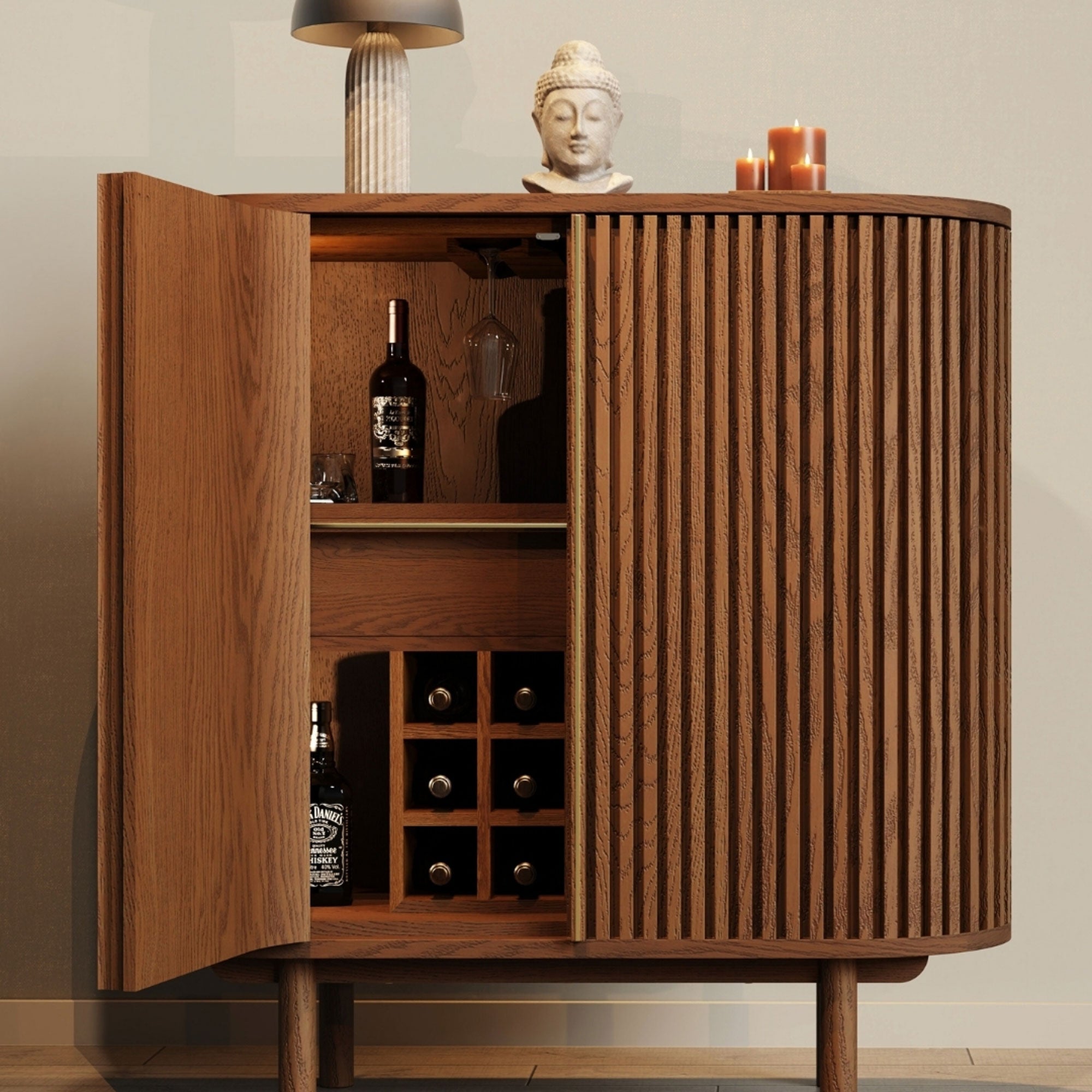 DOCIA Bar / Beverage / Cocktail Cabinet, Oak, Slatted