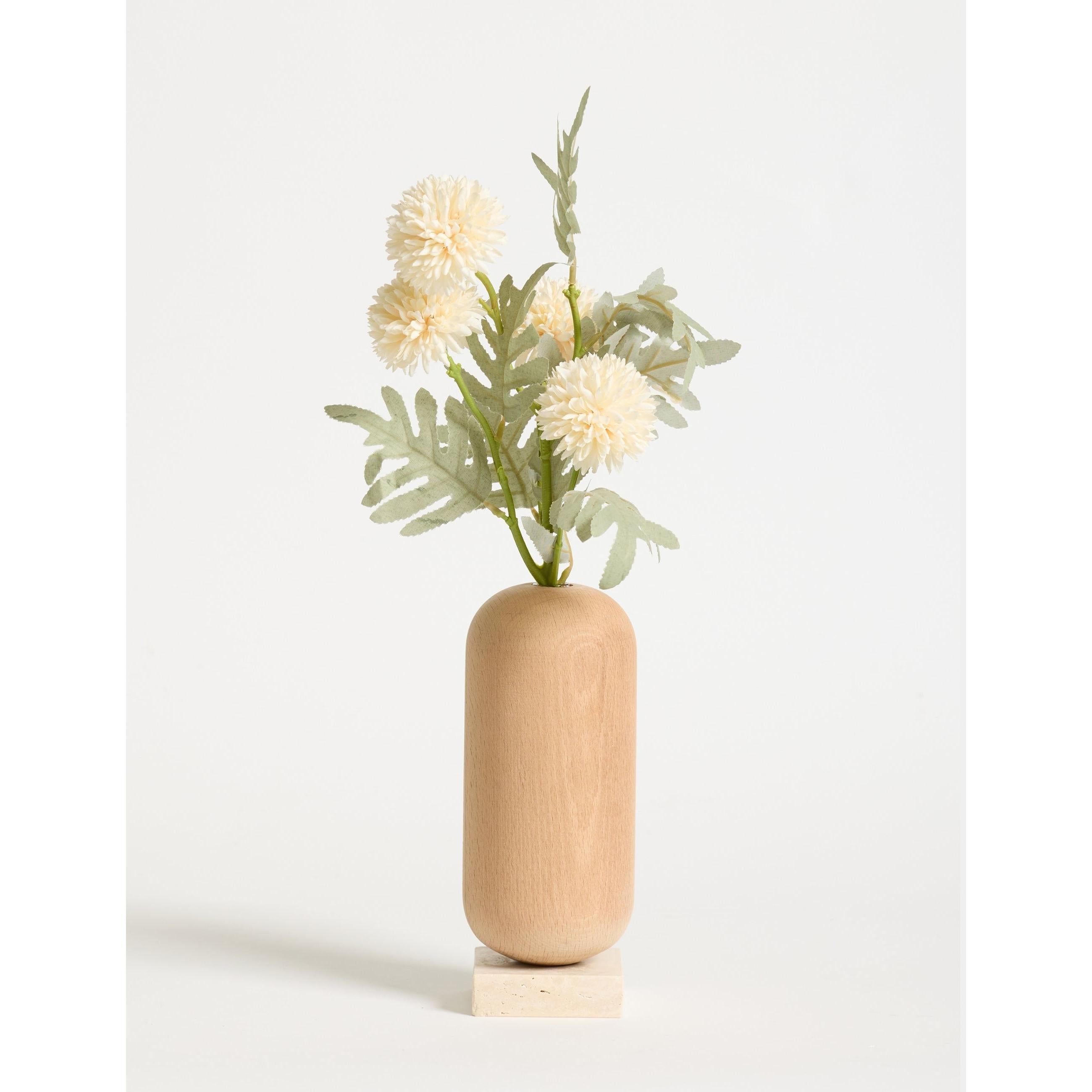 Ahşap Gövdeli Traverten Dekoratif Vazo & Şamdan Seti