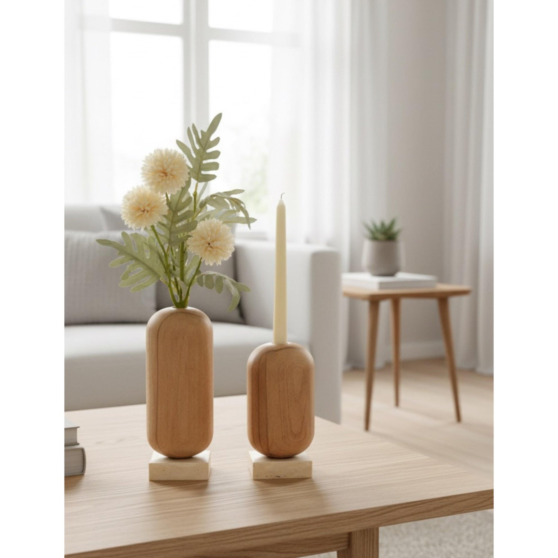Ahşap Gövdeli Traverten Dekoratif Vazo & Şamdan Seti
