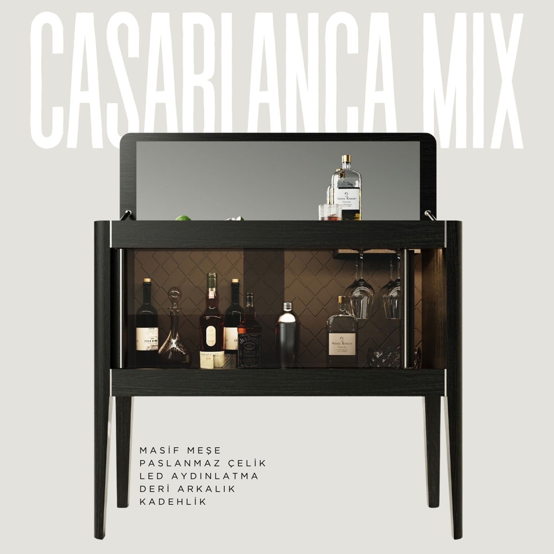 Ayna Kapaklı Masif Ahşap Kokteyl Dolabı