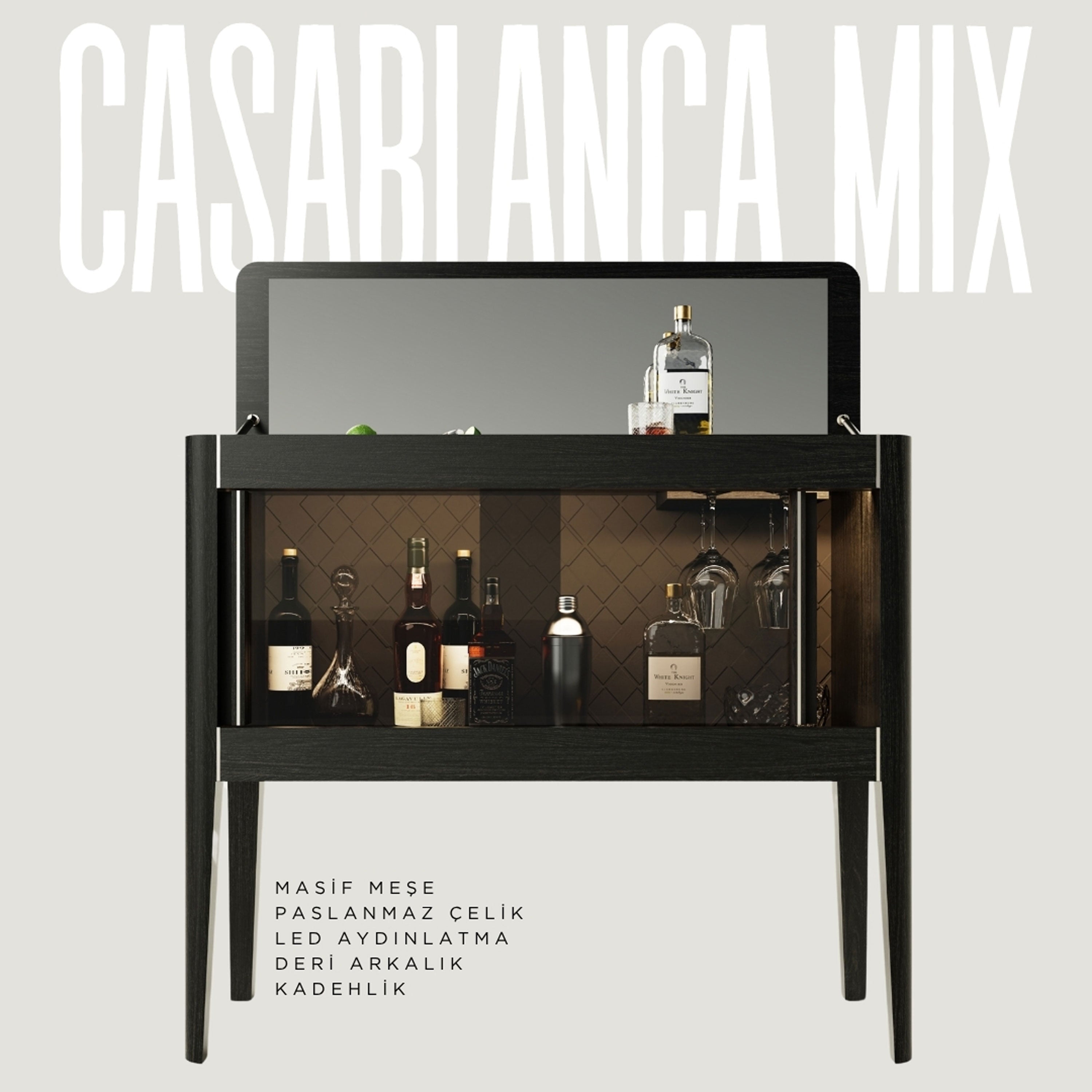 Ayna Kapaklı Masif Ahşap Kokteyl Dolabı