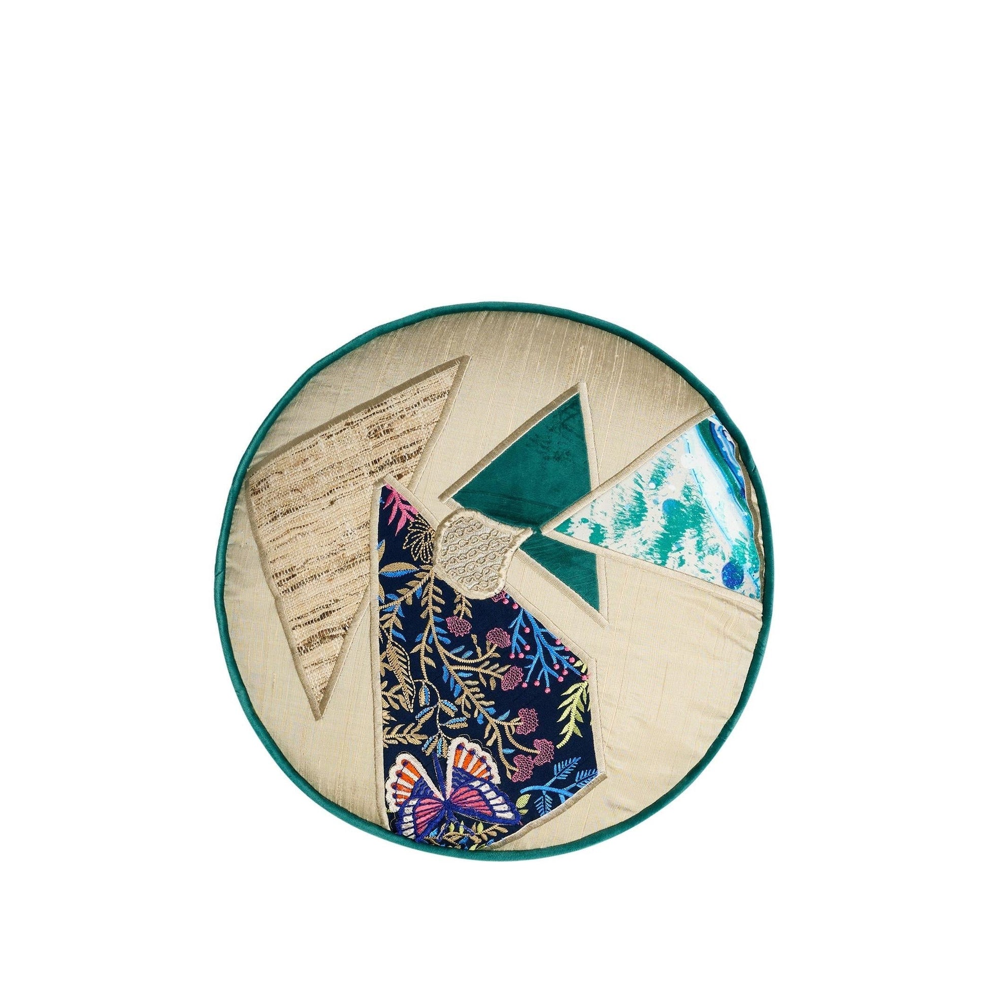 Bej İpek Aplike Ve El Boyaması Detaylı Yuvarlak Kırlent