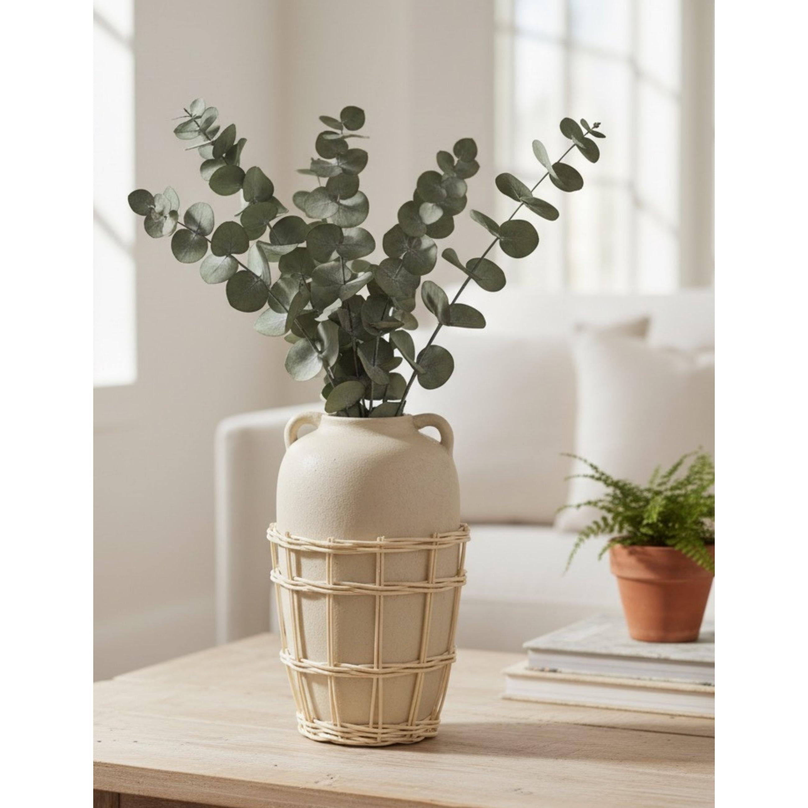 Büyük Doğal Hasır Örgülü Terakota Vazo