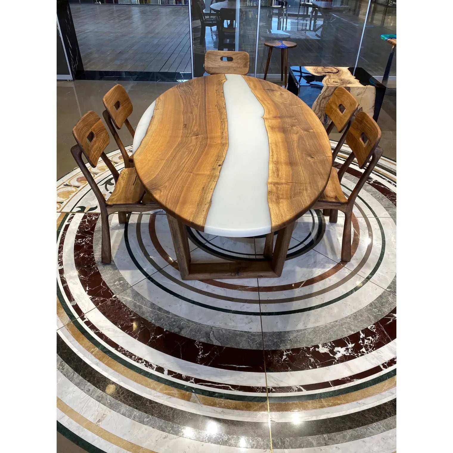 Ceviz Nehir Epoksi Elips Yemek Masası - Duman Gri Reçine Tasarım