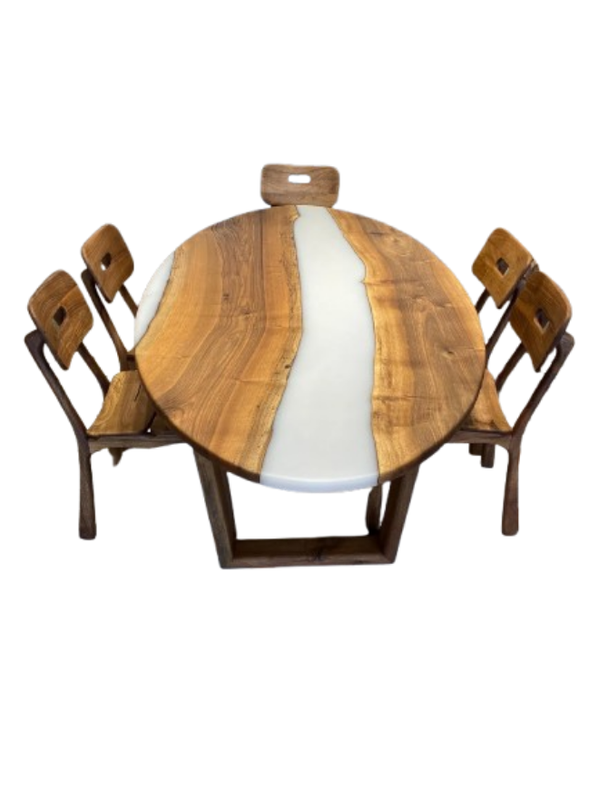 Ceviz Nehir Epoksi Elips Yemek Masası - Duman Gri Reçine Tasarım