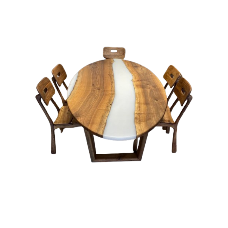 Ceviz Nehir Epoksi Elips Yemek Masası - Duman Gri Reçine Tasarım