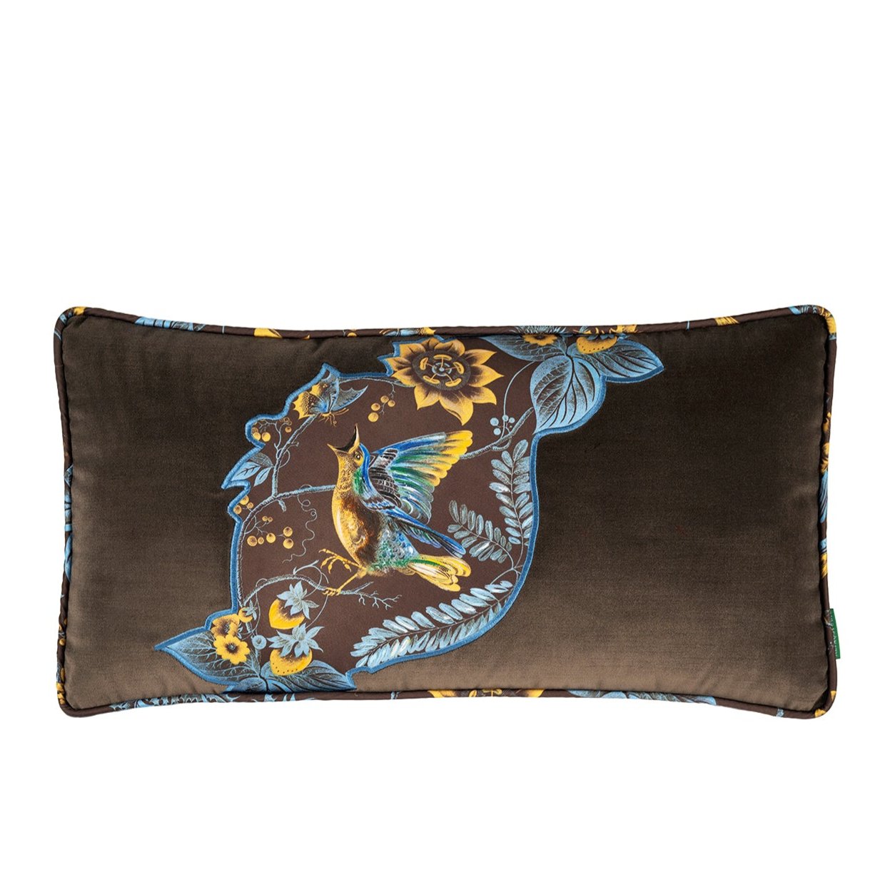 Çiçek Ve Kuş Desenli Aplike Detaylı Kahverengi Kadife Kırlent