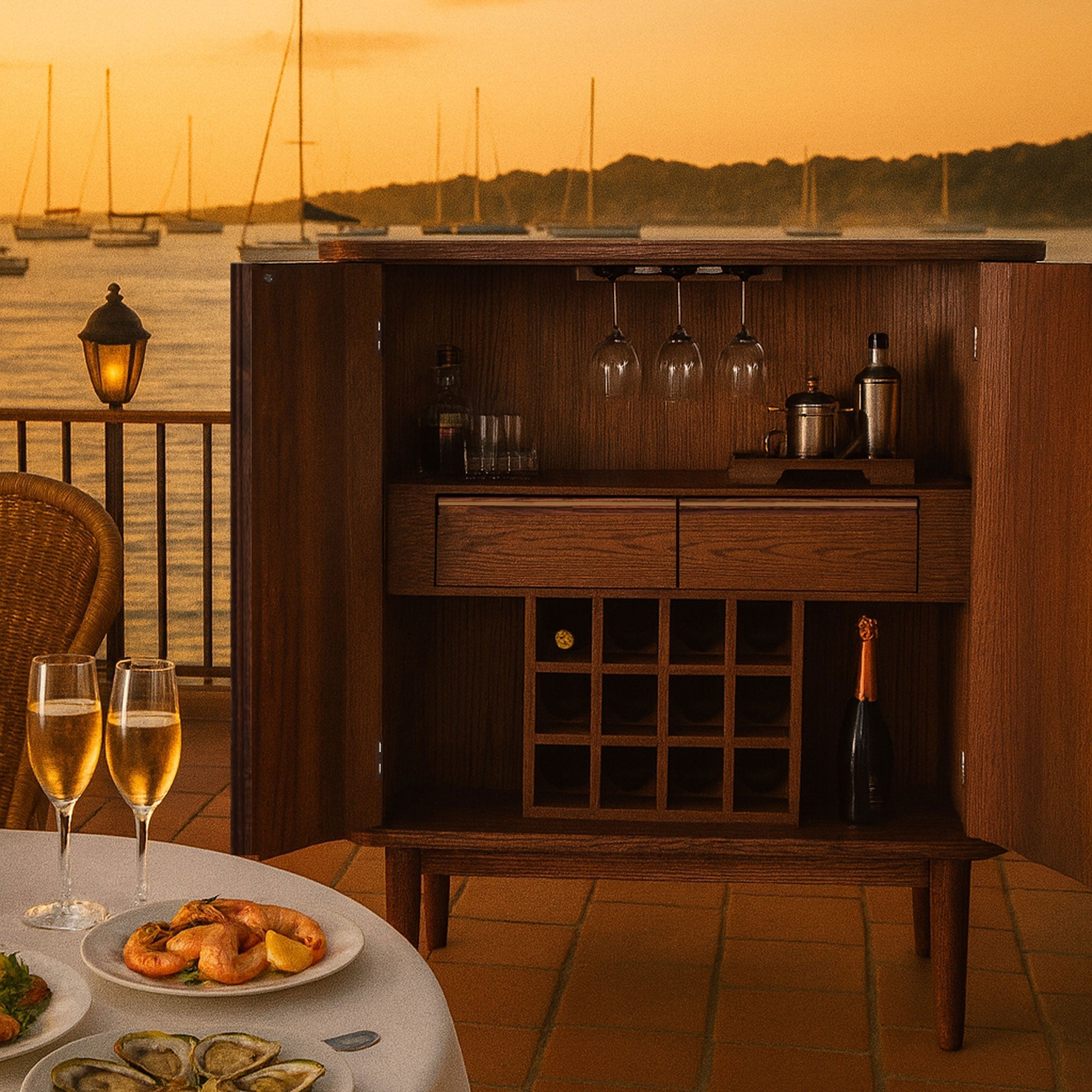 DOCIA Bar / İçki /Kokteyl Dolabı, Meşe, Çıtalı