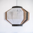 Handmade geometric pendant lamp made from sustainable paper threads in white, raw sienna, and black stripes - WADA NO.10 by Studio Ponce.
