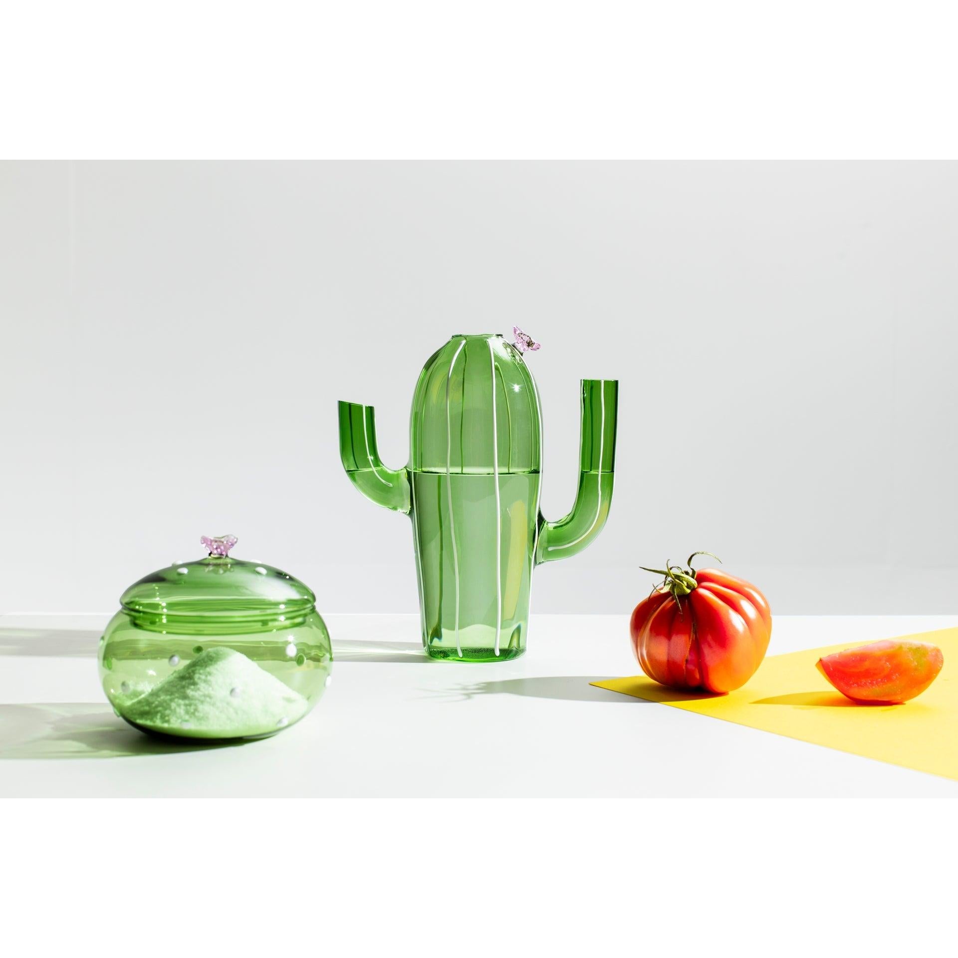 Desert Plants Pembe Çiçek Detaylı Yeşil Kaktüs Formlu Cam Sürahi