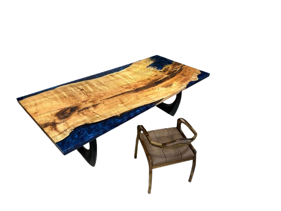 Dişbudak Ağacından Metalik Mavi Epoksi Yemek Masası
