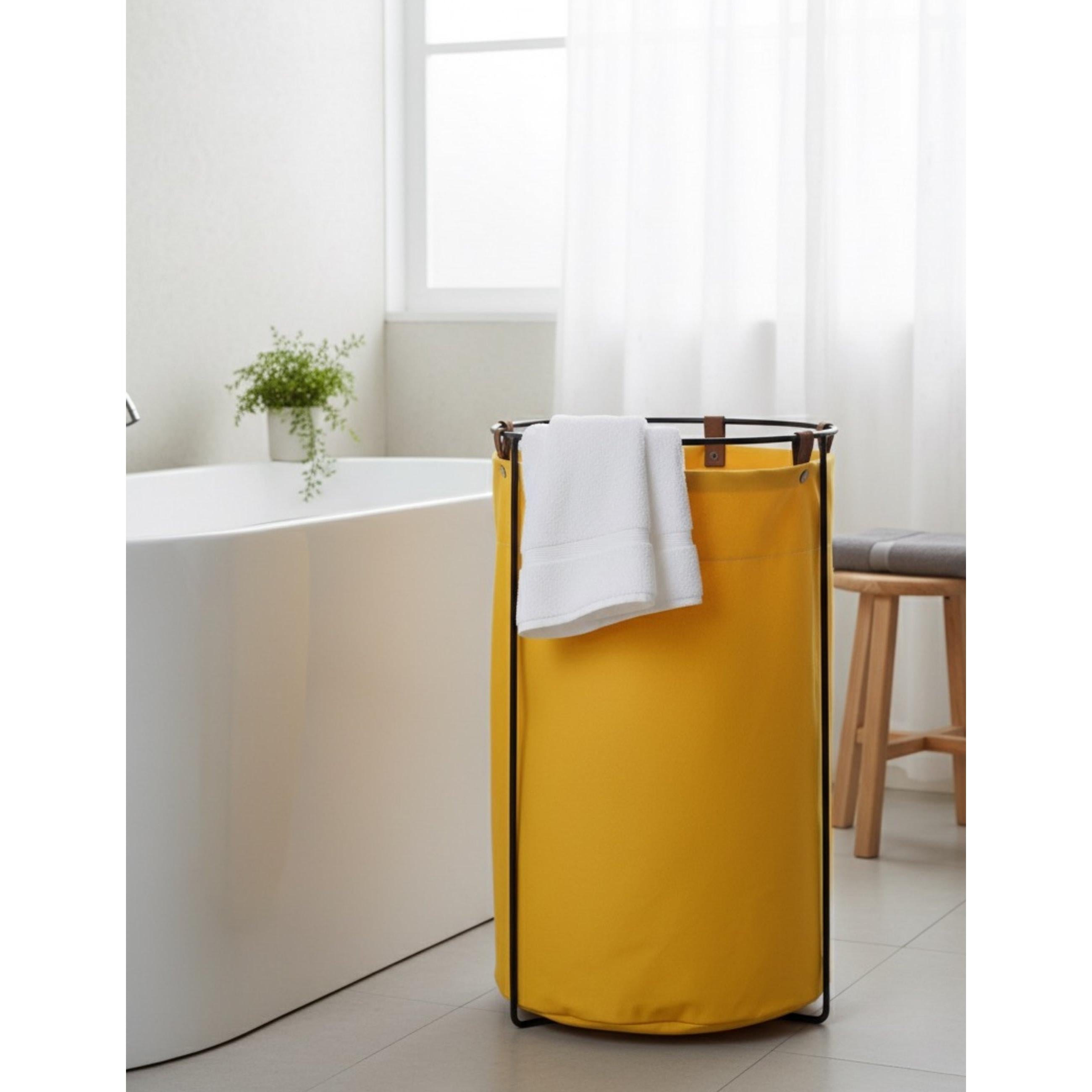 Edda Deri Askılı Metal Gövdeli Retro Çamaşır Sepeti - Sarı