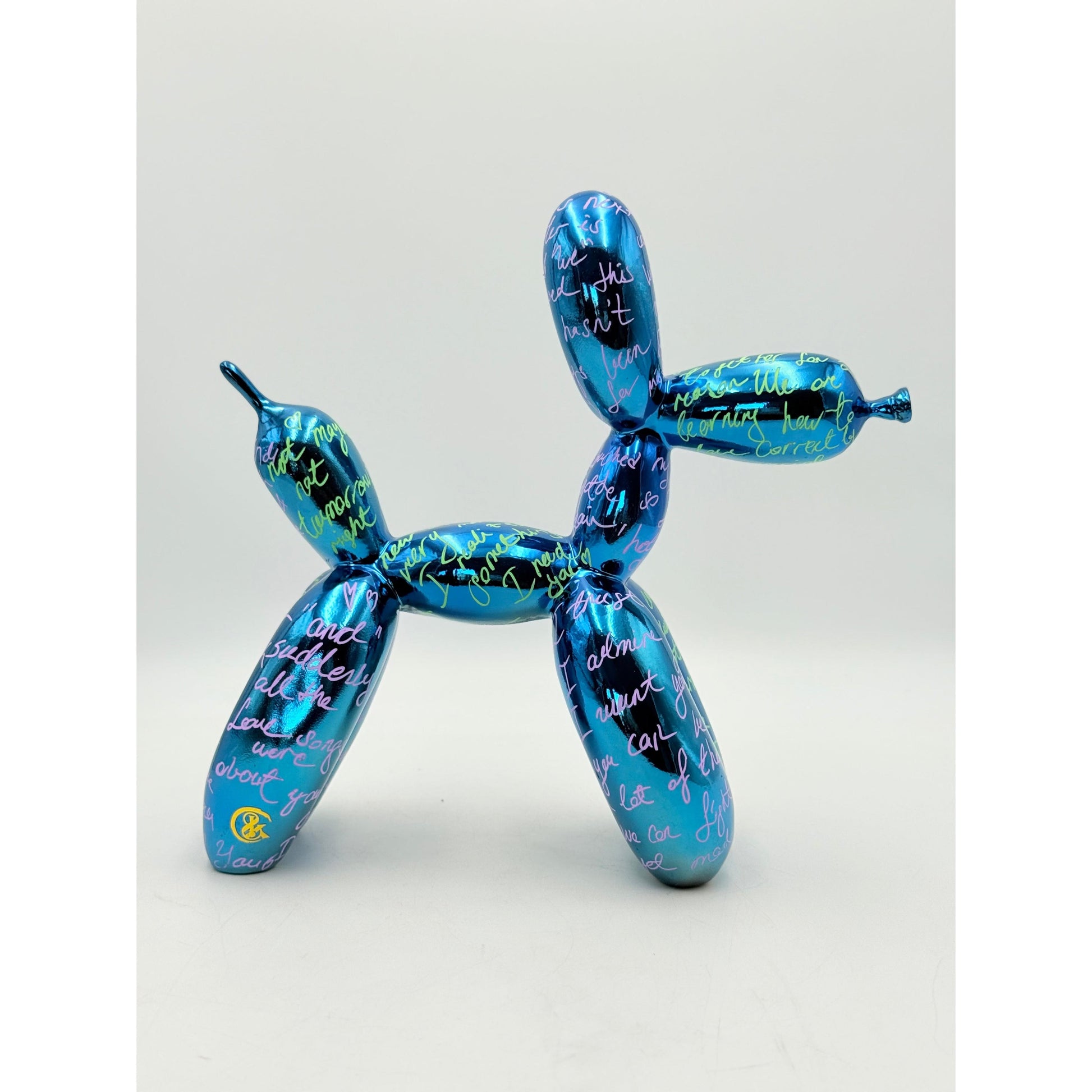 El Yazılı Özel Tasarım Mavi Krom Balon Köpek Heykeli