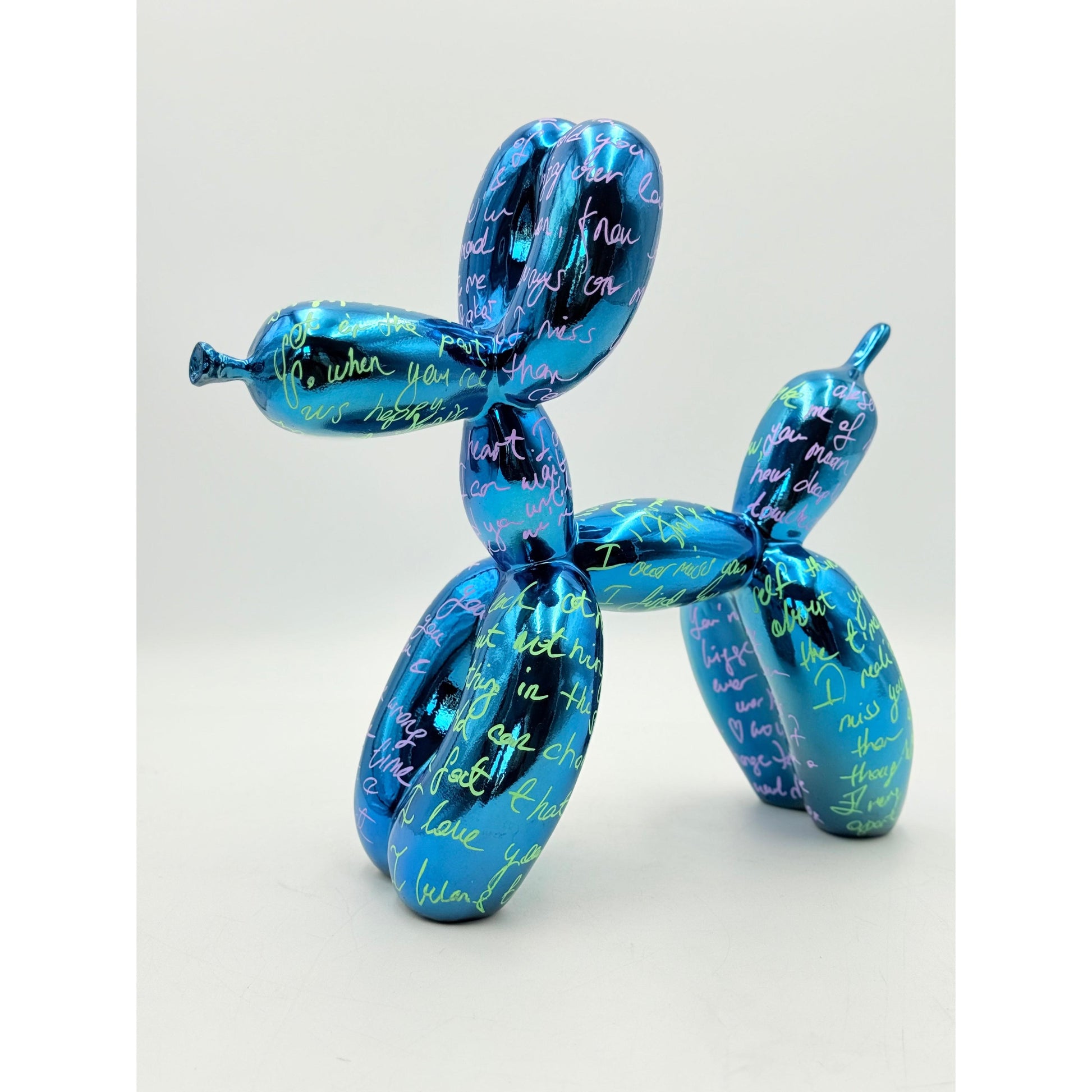 El Yazılı Özel Tasarım Mavi Krom Balon Köpek Heykeli