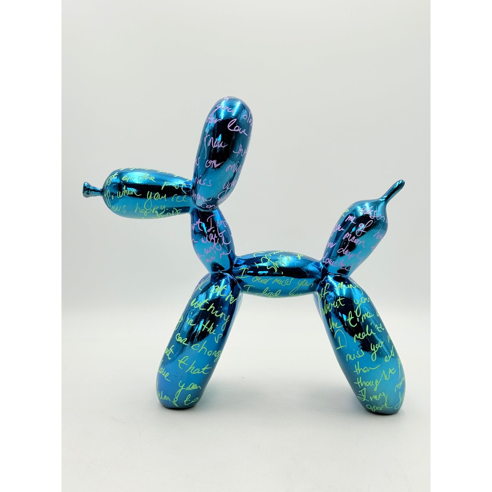 El Yazılı Özel Tasarım Mavi Krom Balon Köpek Heykeli