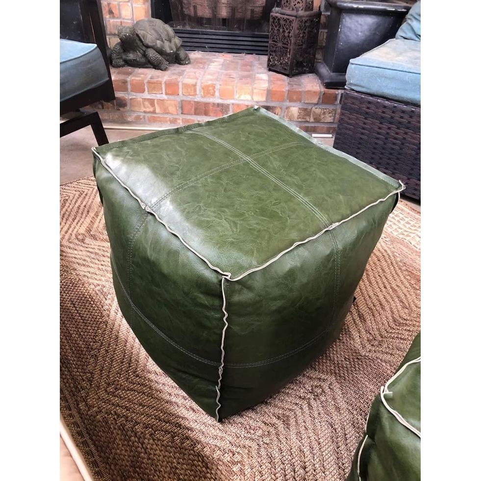 Gerçek Deri Yeşil Kare Puf
