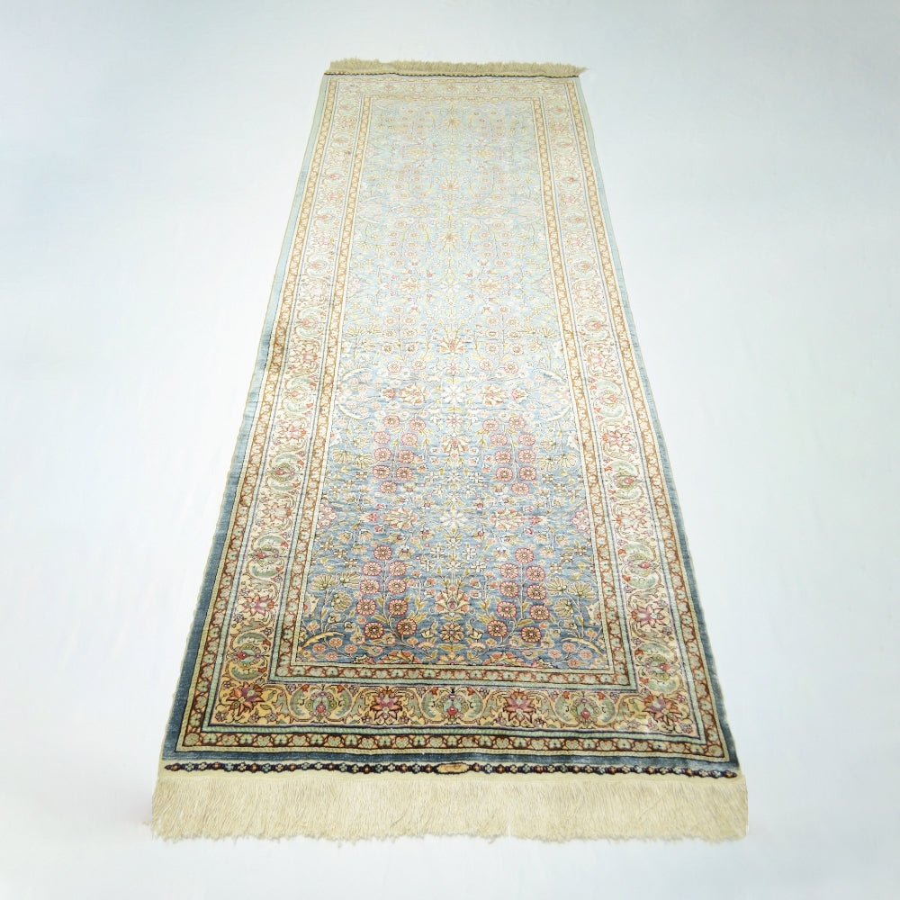 İpekten El Dokuma Çelik Mavisi Kayseri Halısı Yolluk 85x220 Cm