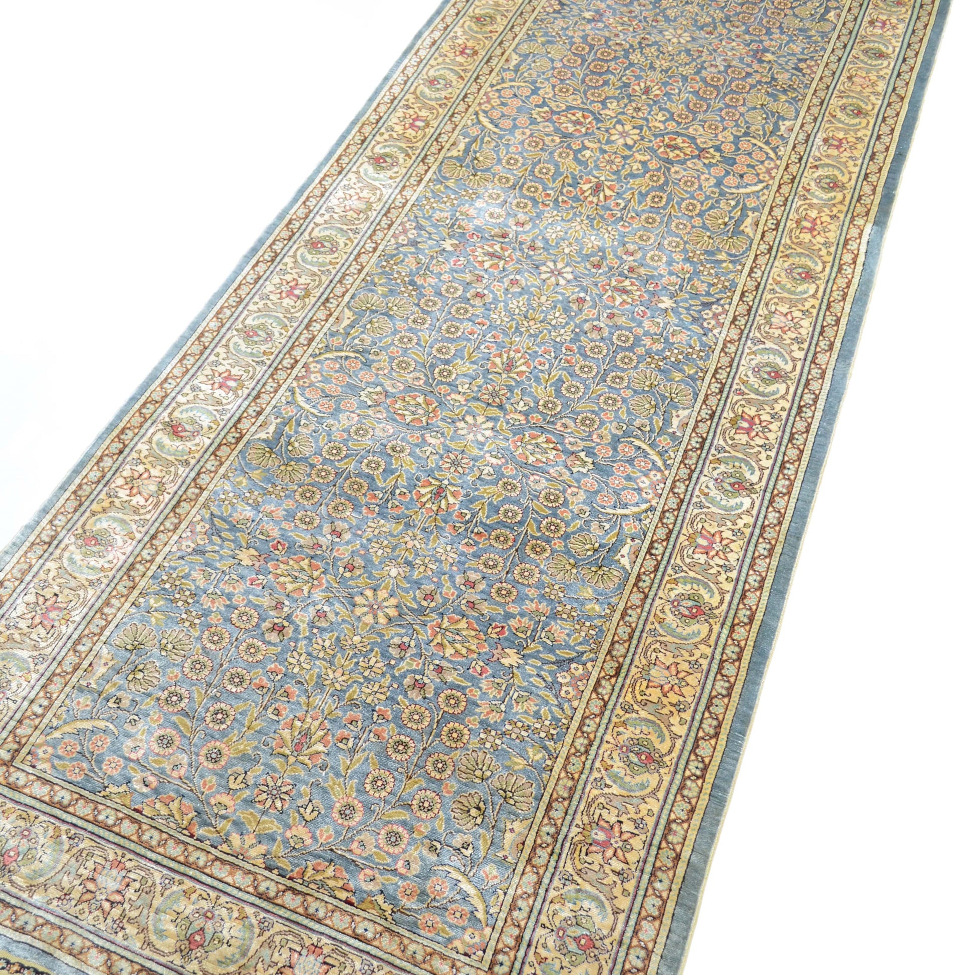 İpekten El Dokuma Çelik Mavisi Kayseri Halısı Yolluk 85x220 Cm