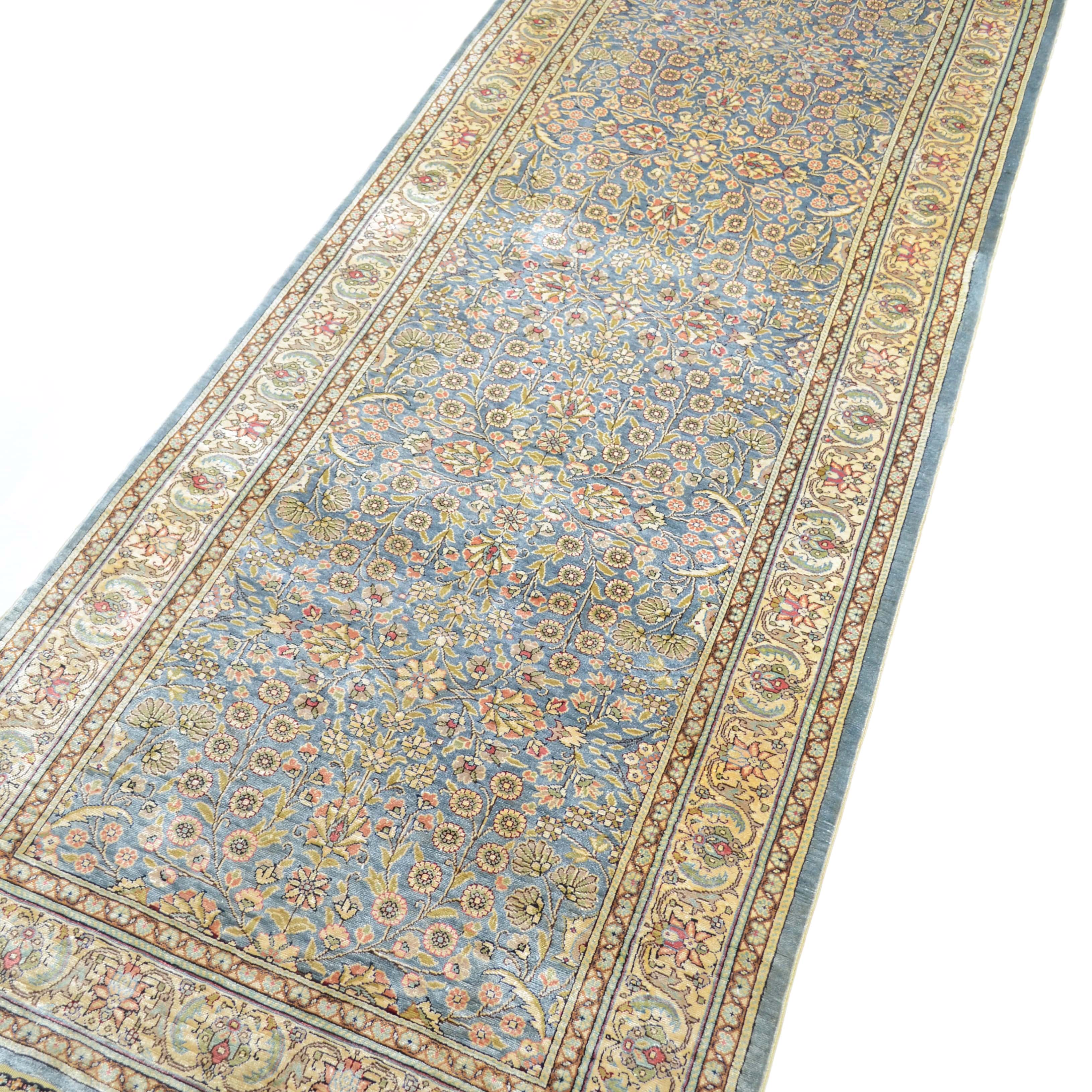 İpekten El Dokuma Çelik Mavisi Kayseri Halısı Yolluk 85x220 Cm