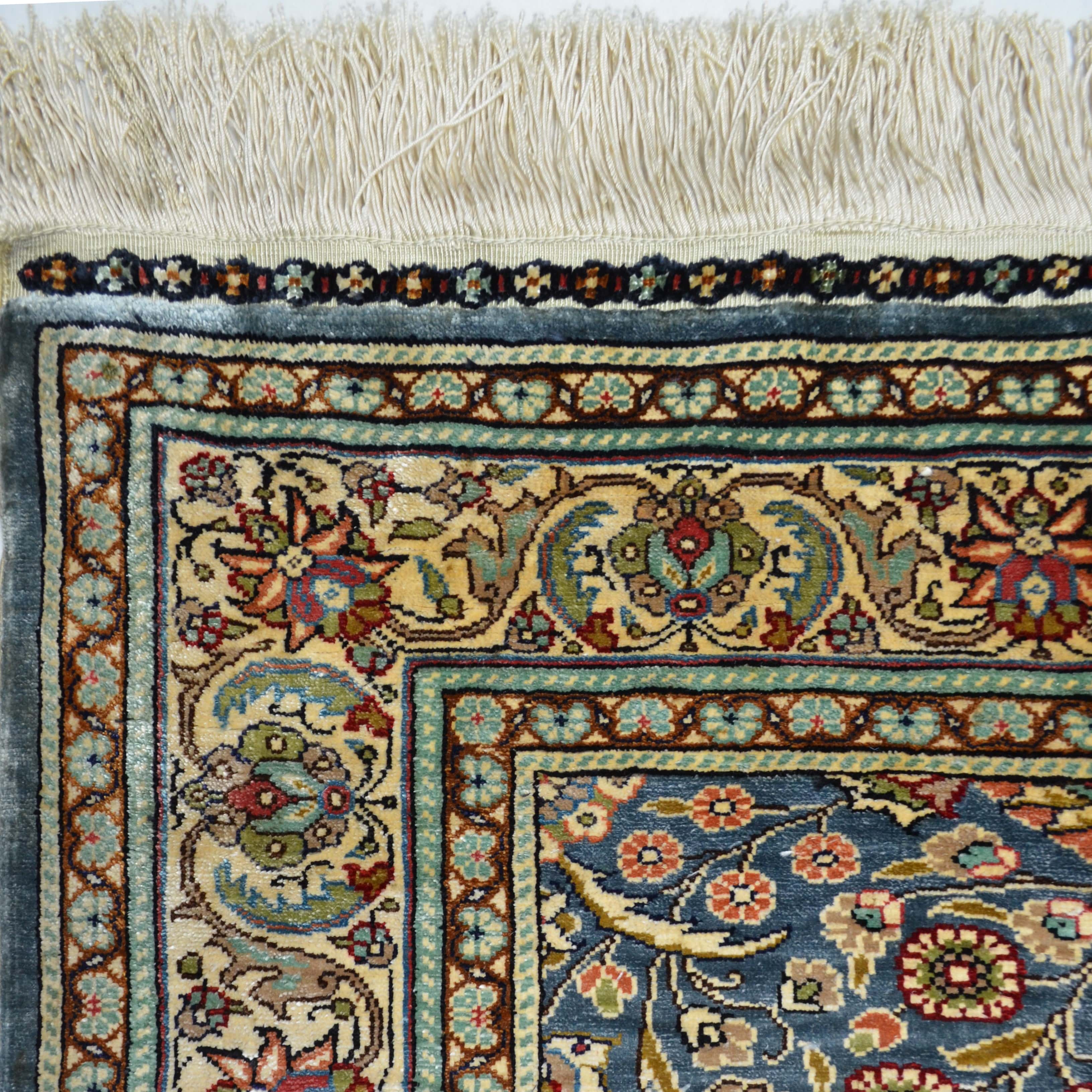 İpekten El Dokuma Çelik Mavisi Kayseri Halısı Yolluk 85x220 Cm