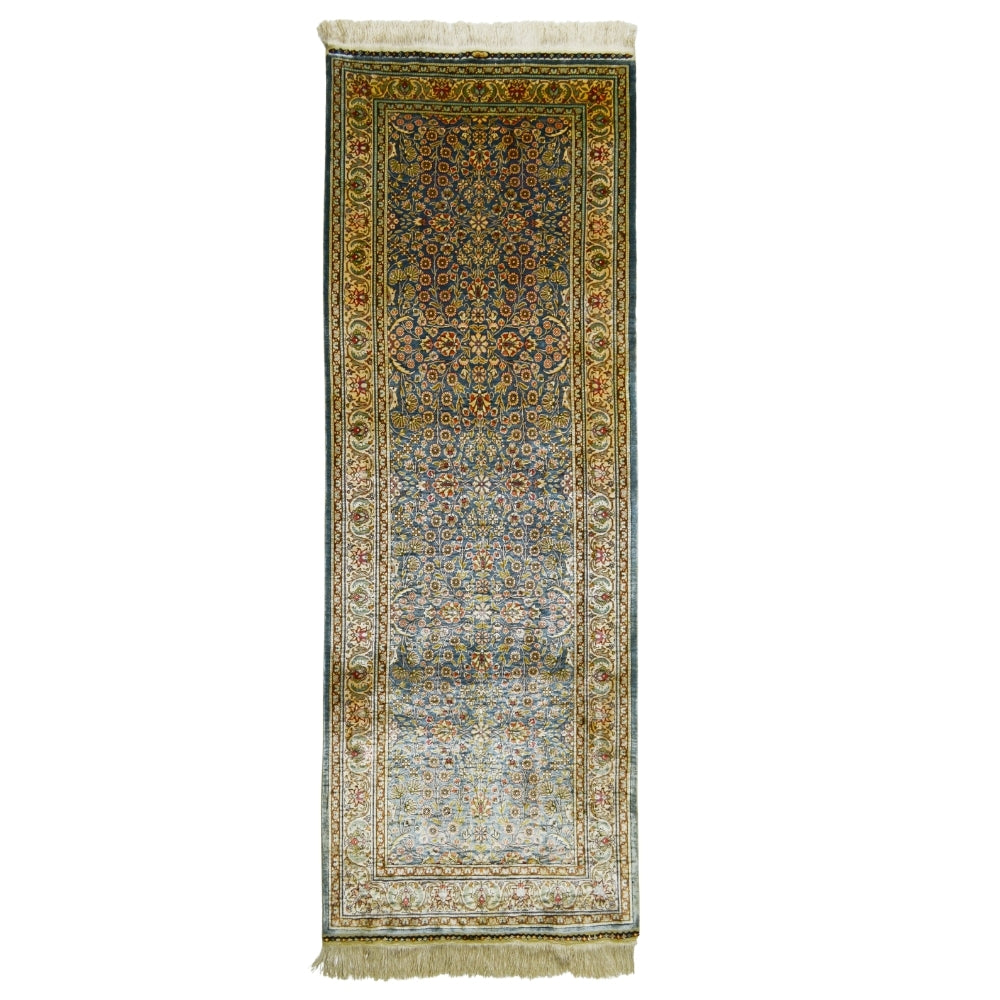 İpekten El Dokuma Çelik Mavisi Kayseri Halısı Yolluk 85x220 Cm