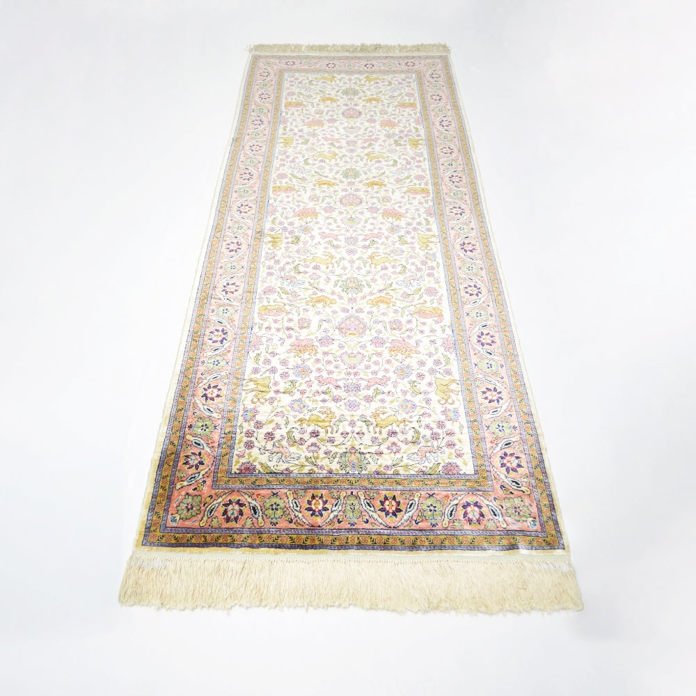 İpekten El Dokuma Krem & Pembe Renk Kayseri Halısı Yolluk 82x200 Cm