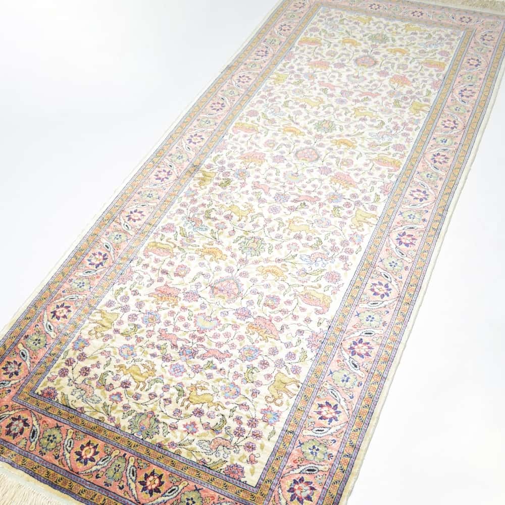 İpekten El Dokuma Krem & Pembe Renk Kayseri Halısı Yolluk 82x200 Cm