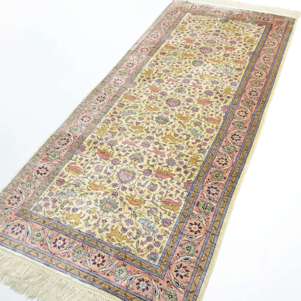 İpekten El Dokuma Krem & Pembe Renk Kayseri Halısı Yolluk 82x200 Cm