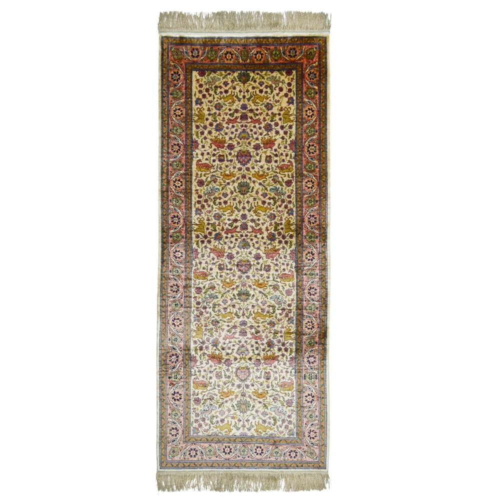 İpekten El Dokuma Krem & Pembe Renk Kayseri Halısı Yolluk 82x200 Cm