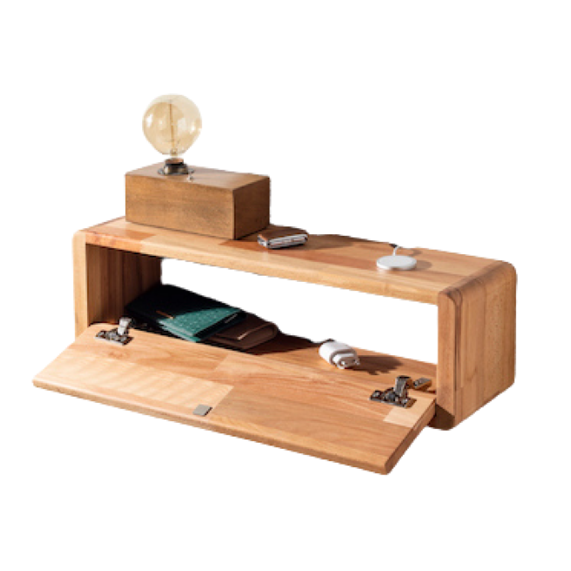 Kayın Ağacı Kapaklı Duvar Rafı Ve Kablo Düzenleyici, Açık Kahve