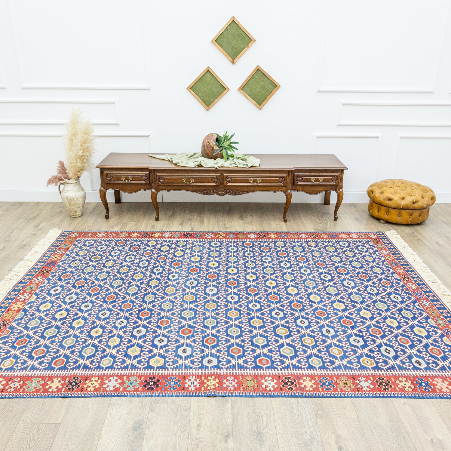 Koltan Geometrik Desenli Mavi Yün Kilim 202 X 293 Cm